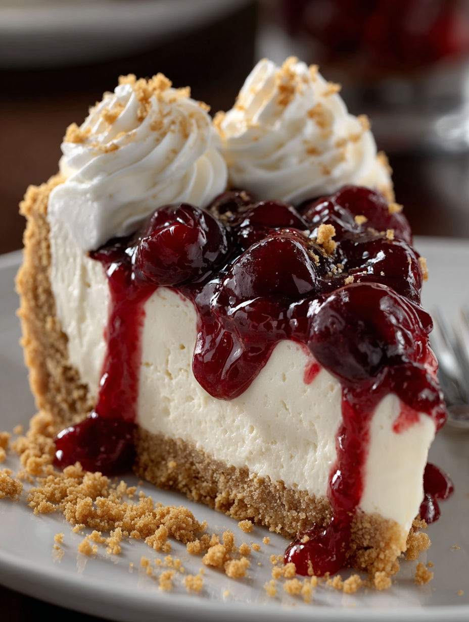A slice of classic cherry cheesecake.
