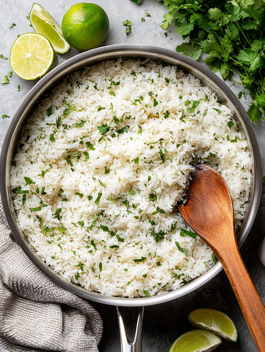 A bowl of rice with cilantro and lime.