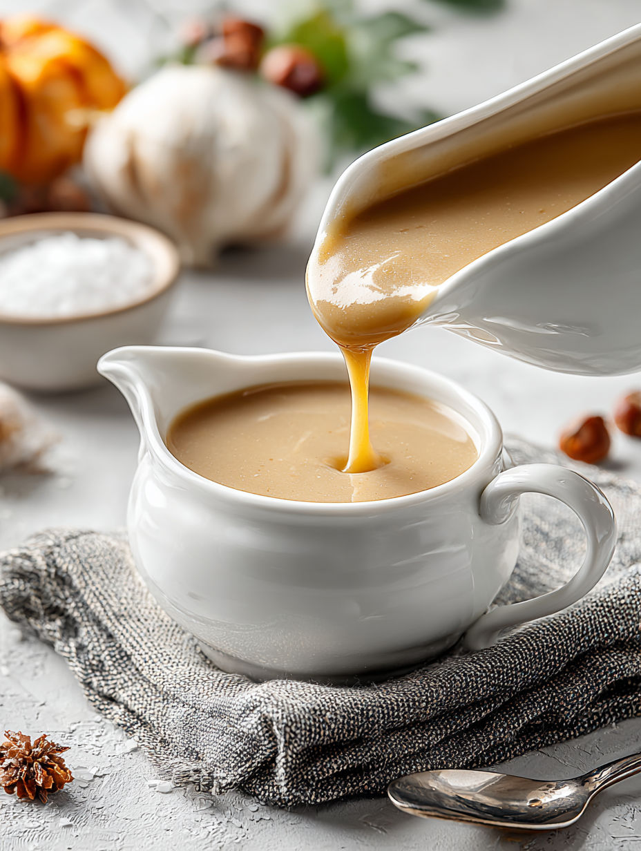A white bowl of homemade turkey gravy.