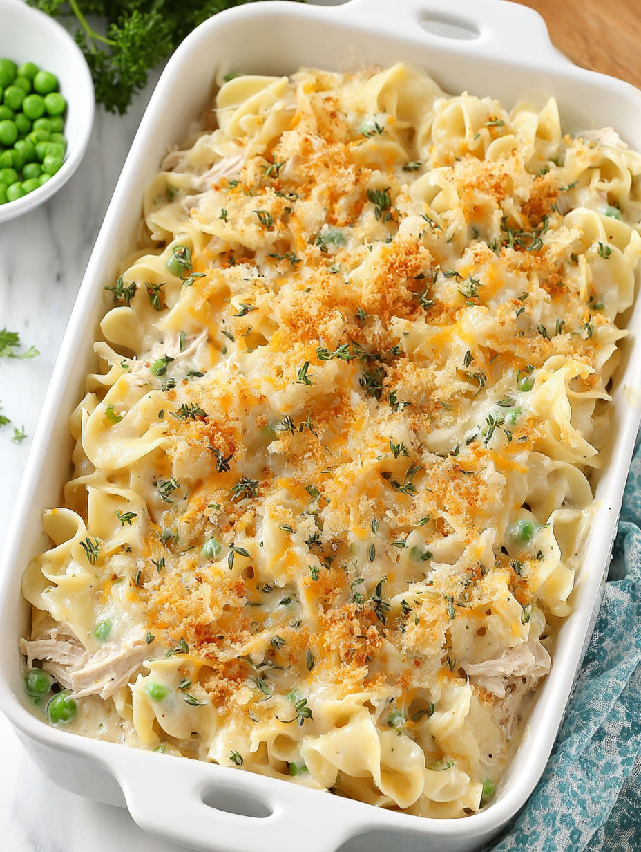 A dish of tuna noodle casserole with peas and cheese.