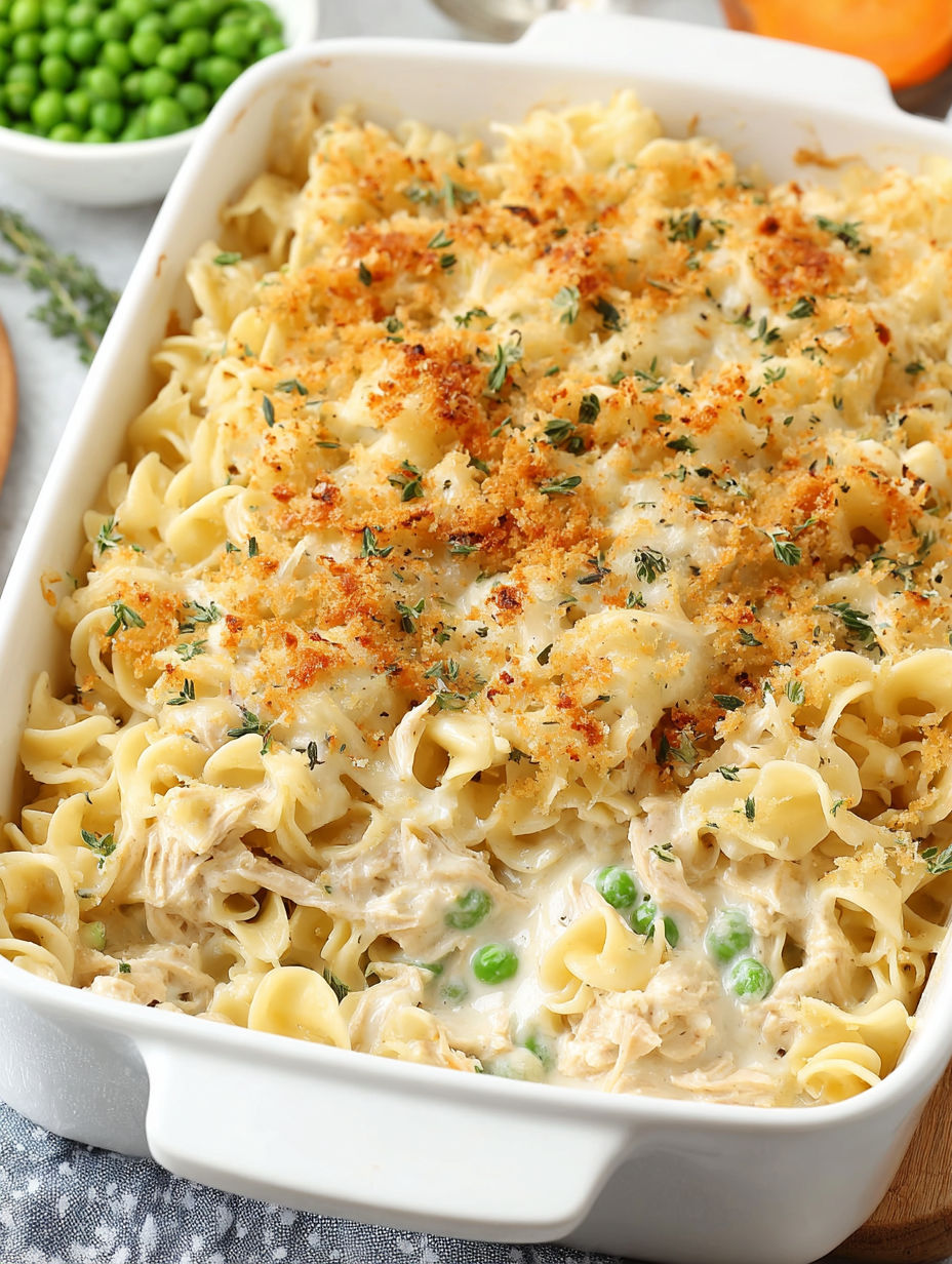 A dish of tuna noodle casserole.