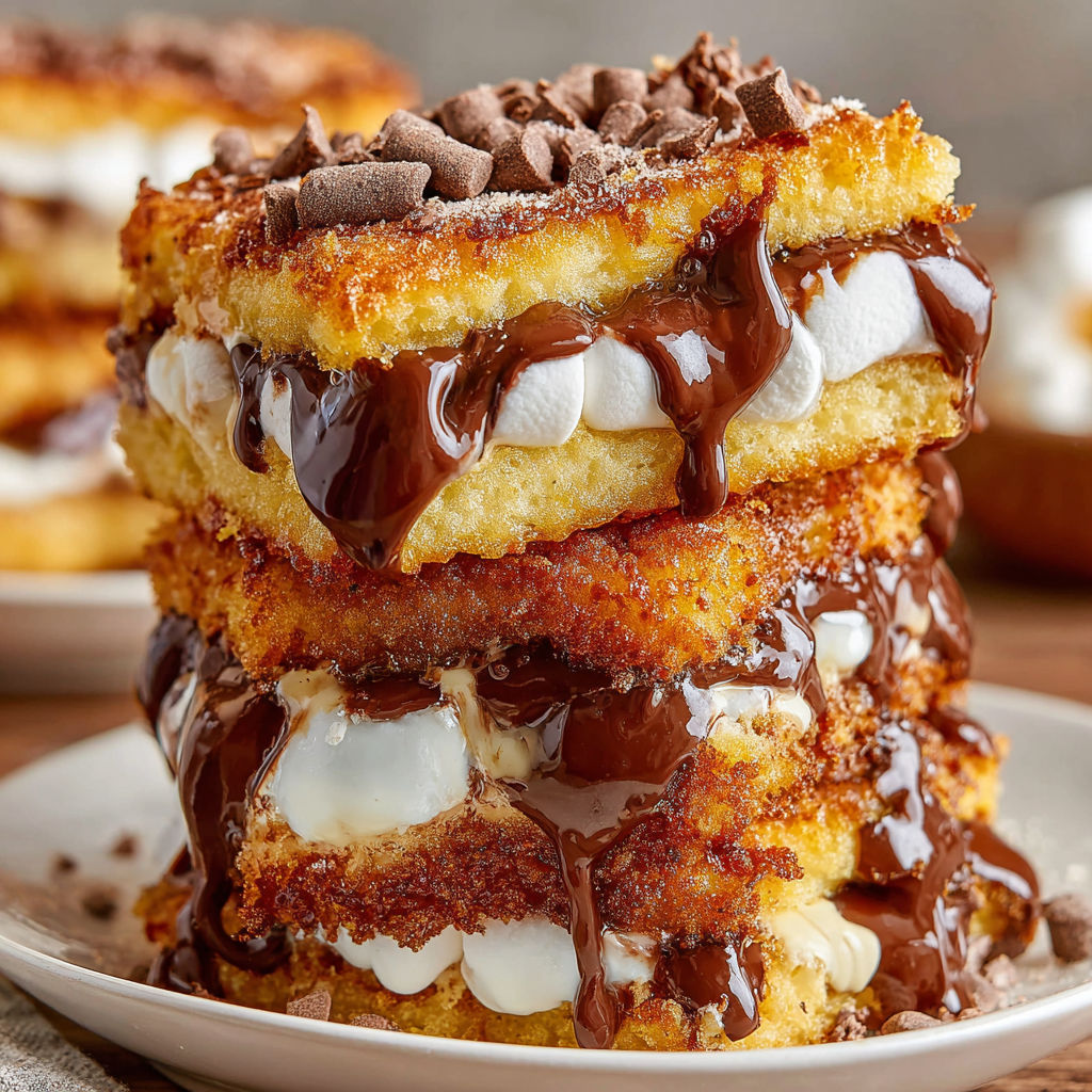 A stack of deep fried s'mores delight.