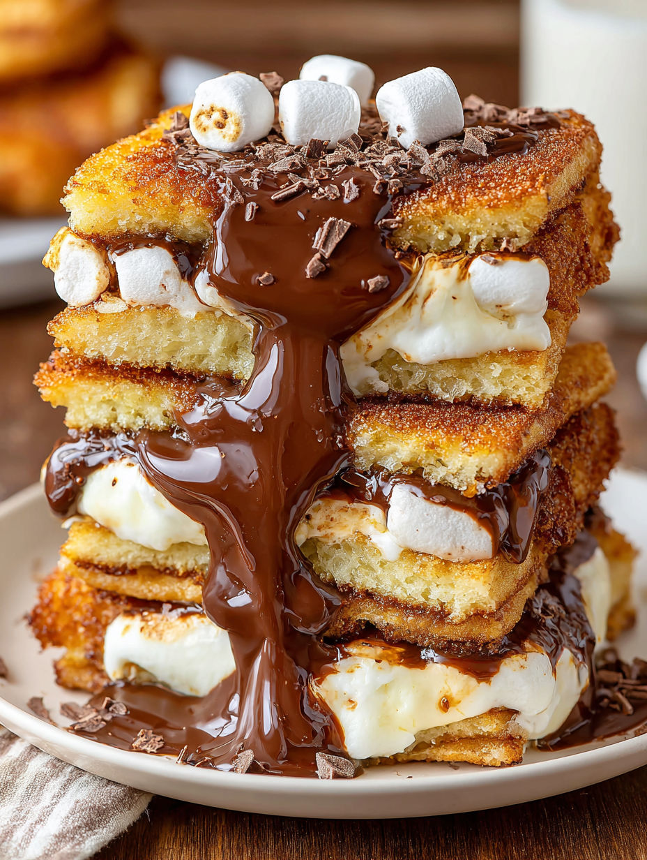 A stack of deep fried s'mores with chocolate drizzled on top.