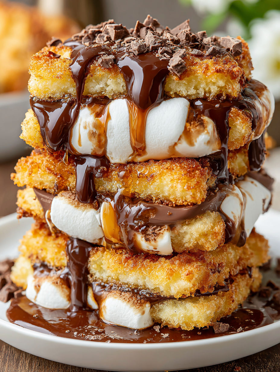 A stack of deep fried s'mores with chocolate drizzled on top.