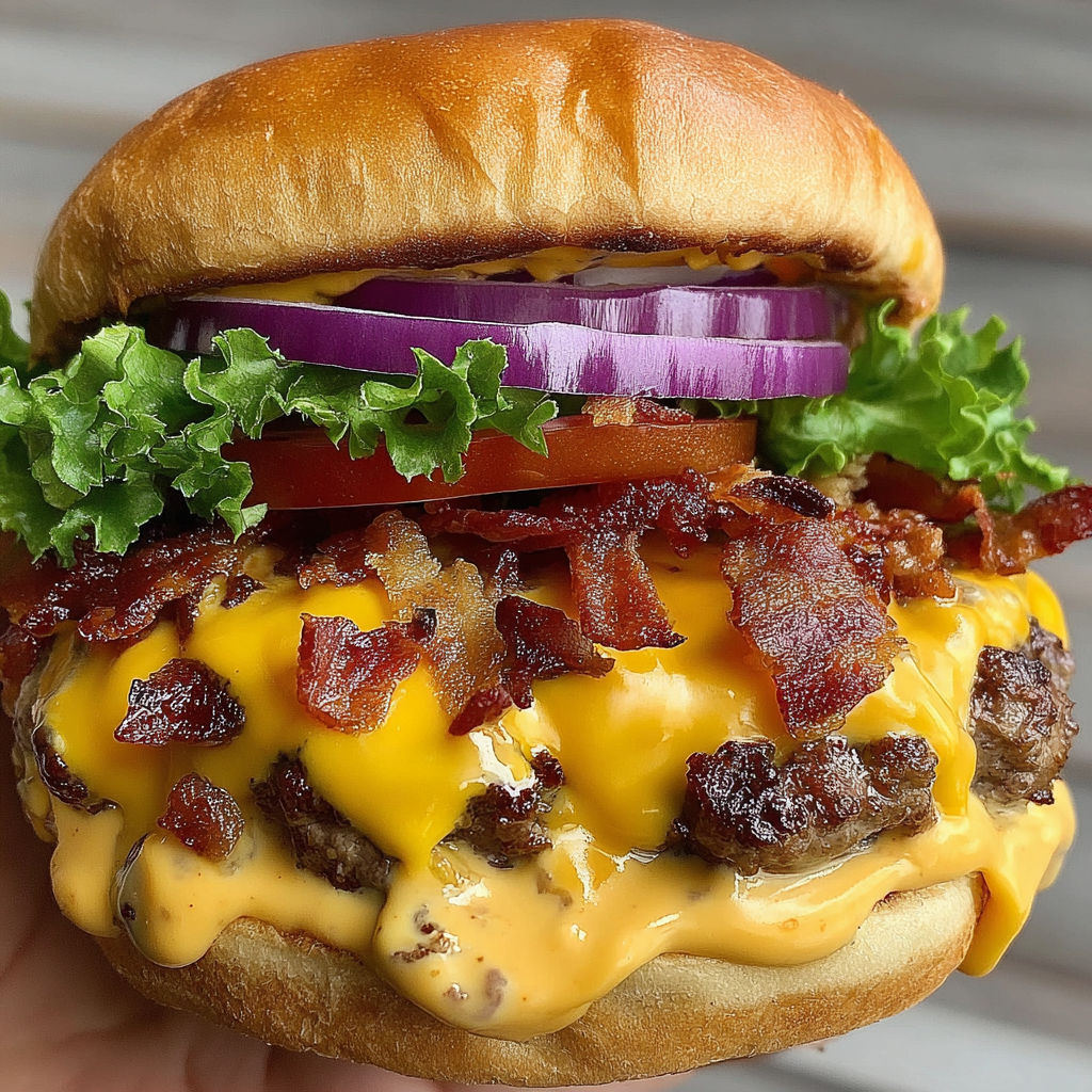 A close up of a bacon beer cheese burger.