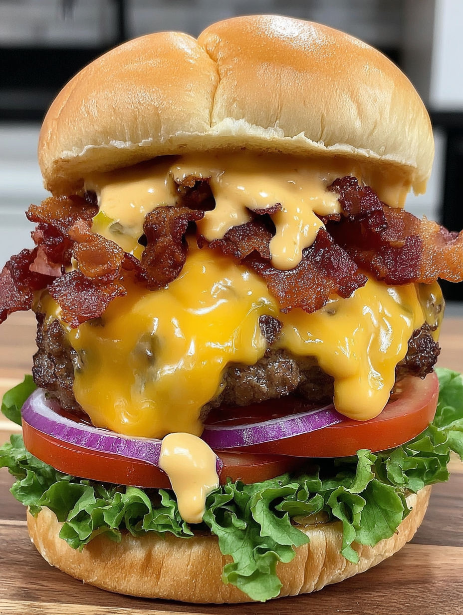 A close up of a bacon beer cheese burger.