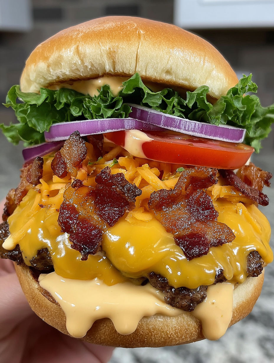 A close up of a bacon beer cheese burger.