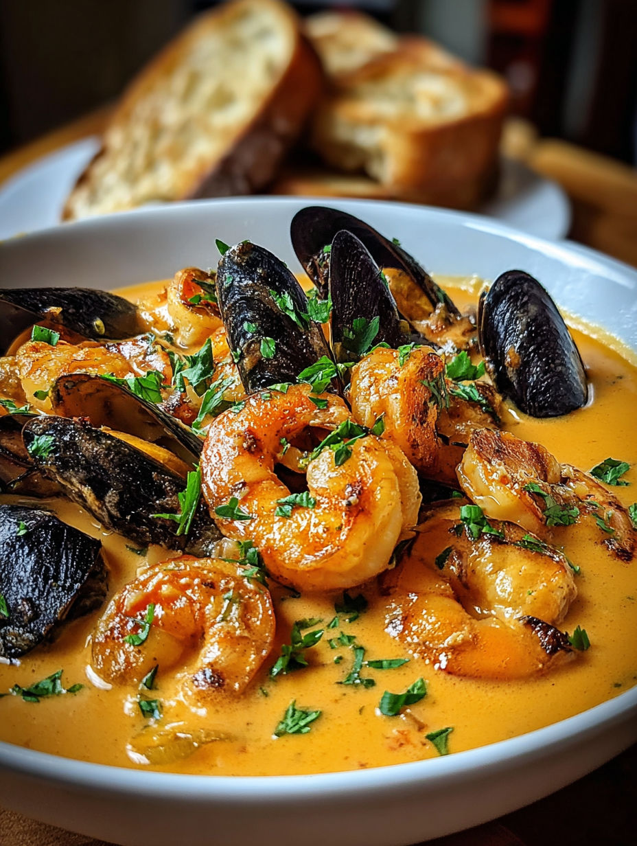 A bowl of shrimp and mussels in a creamy garlic sauce.