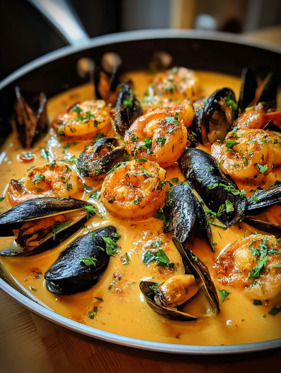 A bowl of shrimp and mussels in a creamy garlic sauce.