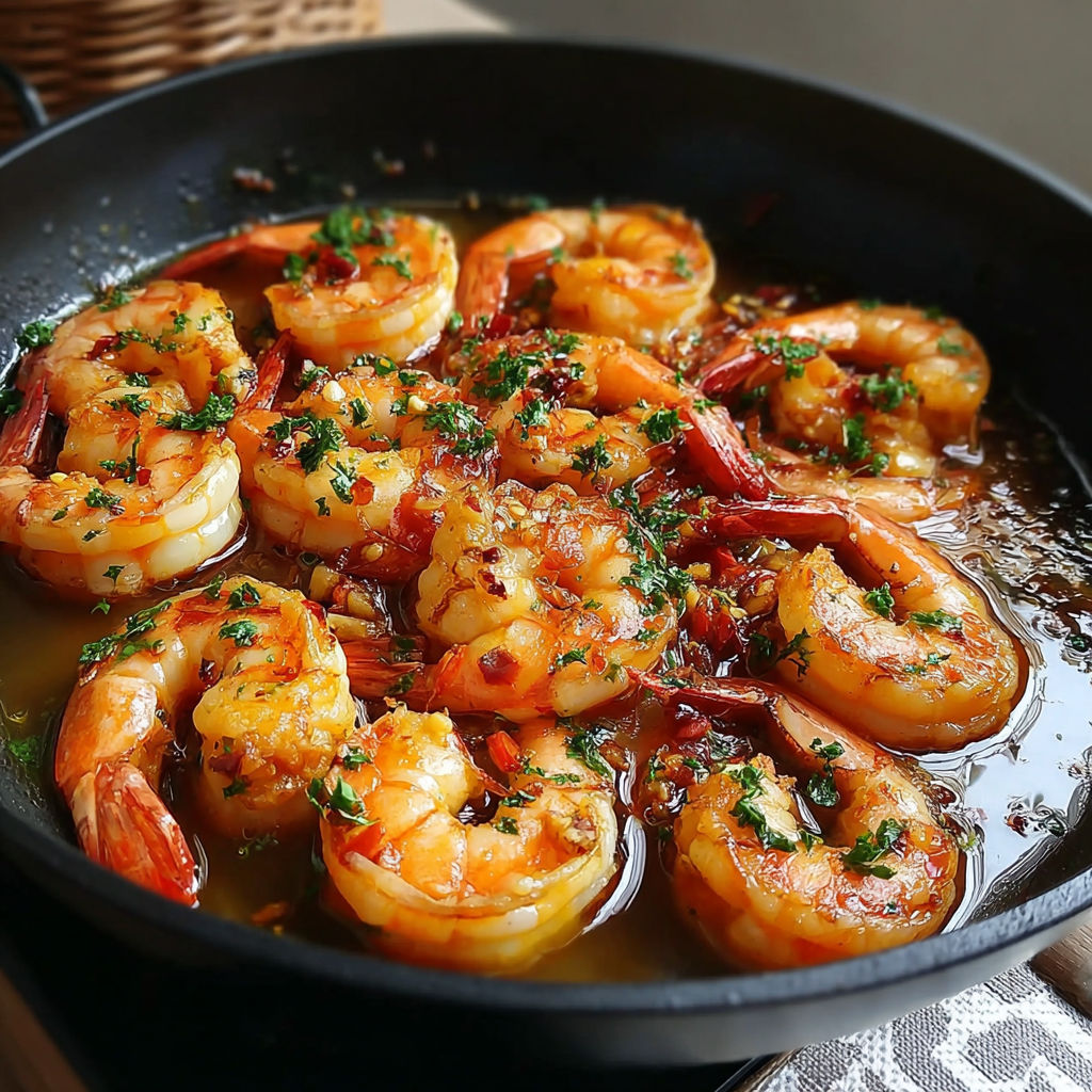 A pan of shrimp with garlic and spices.