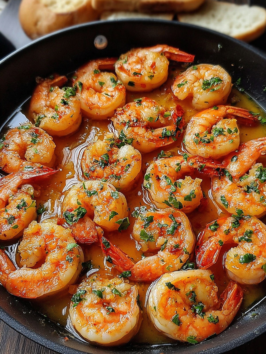 A pan of shrimp with a spicy sauce.