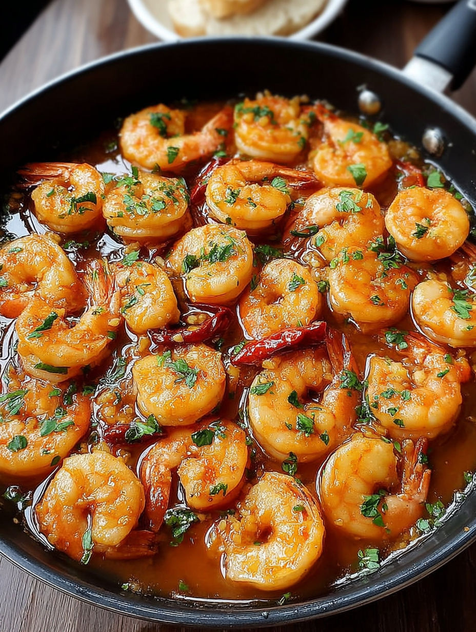A pan of shrimp with a spicy sauce.