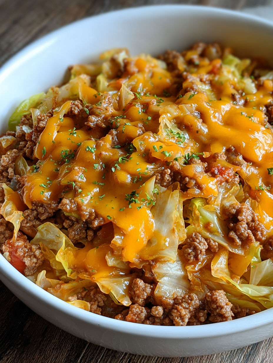 A bowl of cheesy cabbage casserole.