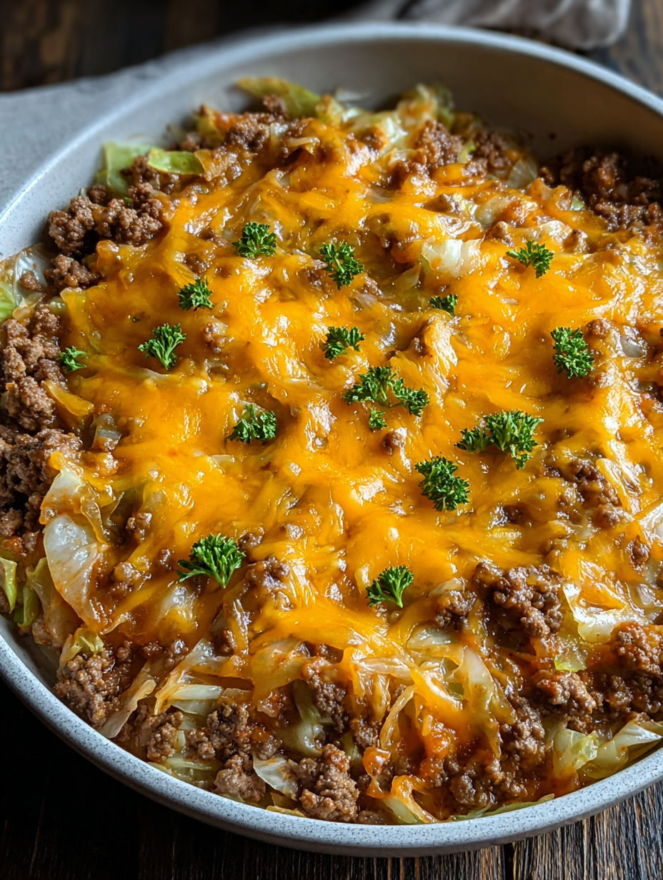 A cheesy cabbage casserole with broccoli and meat.