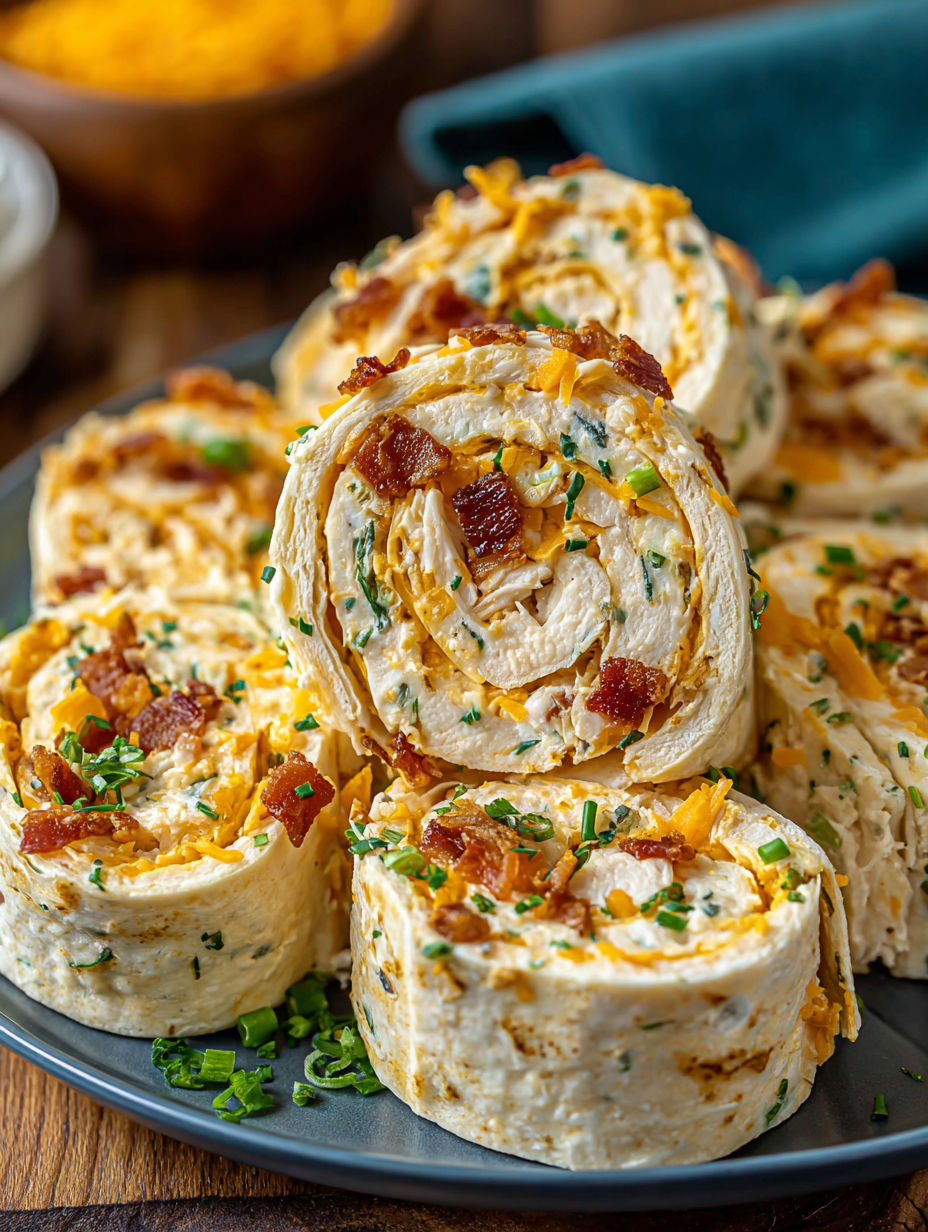 Bacon wrapped chicken pinwheels on a plate.