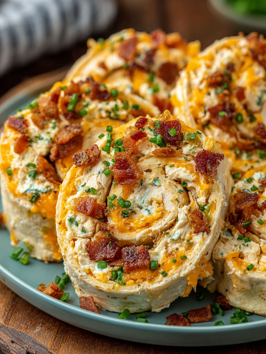 Bacon wrapped chicken pinwheels on a plate.