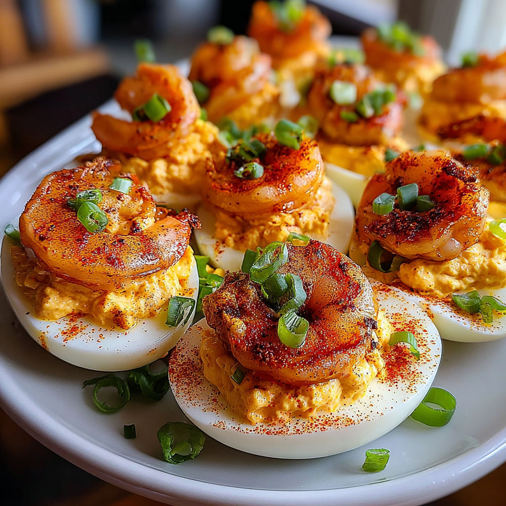 A plate of deviled eggs with shrimp on top.