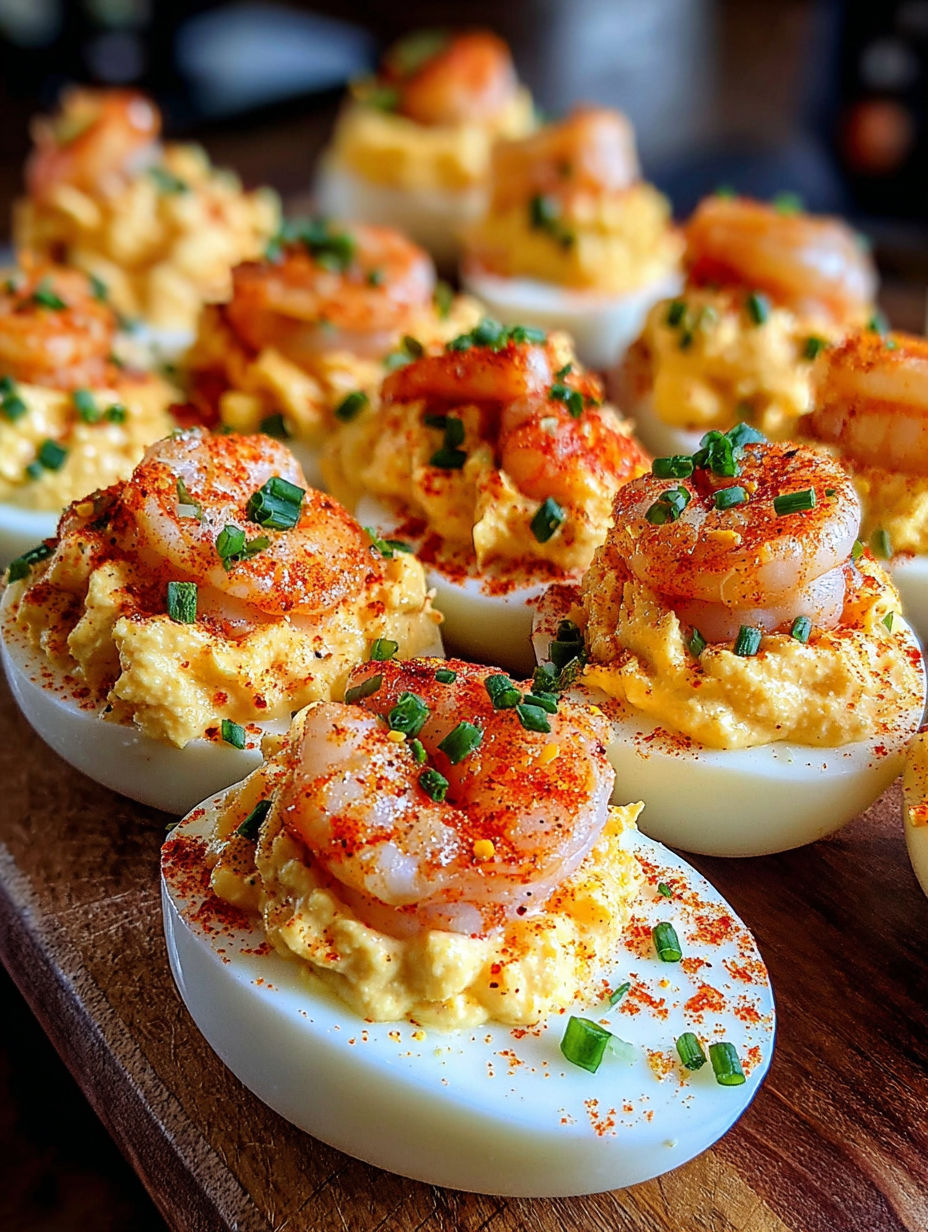 A plate of shrimp and cheese filled deviled eggs.