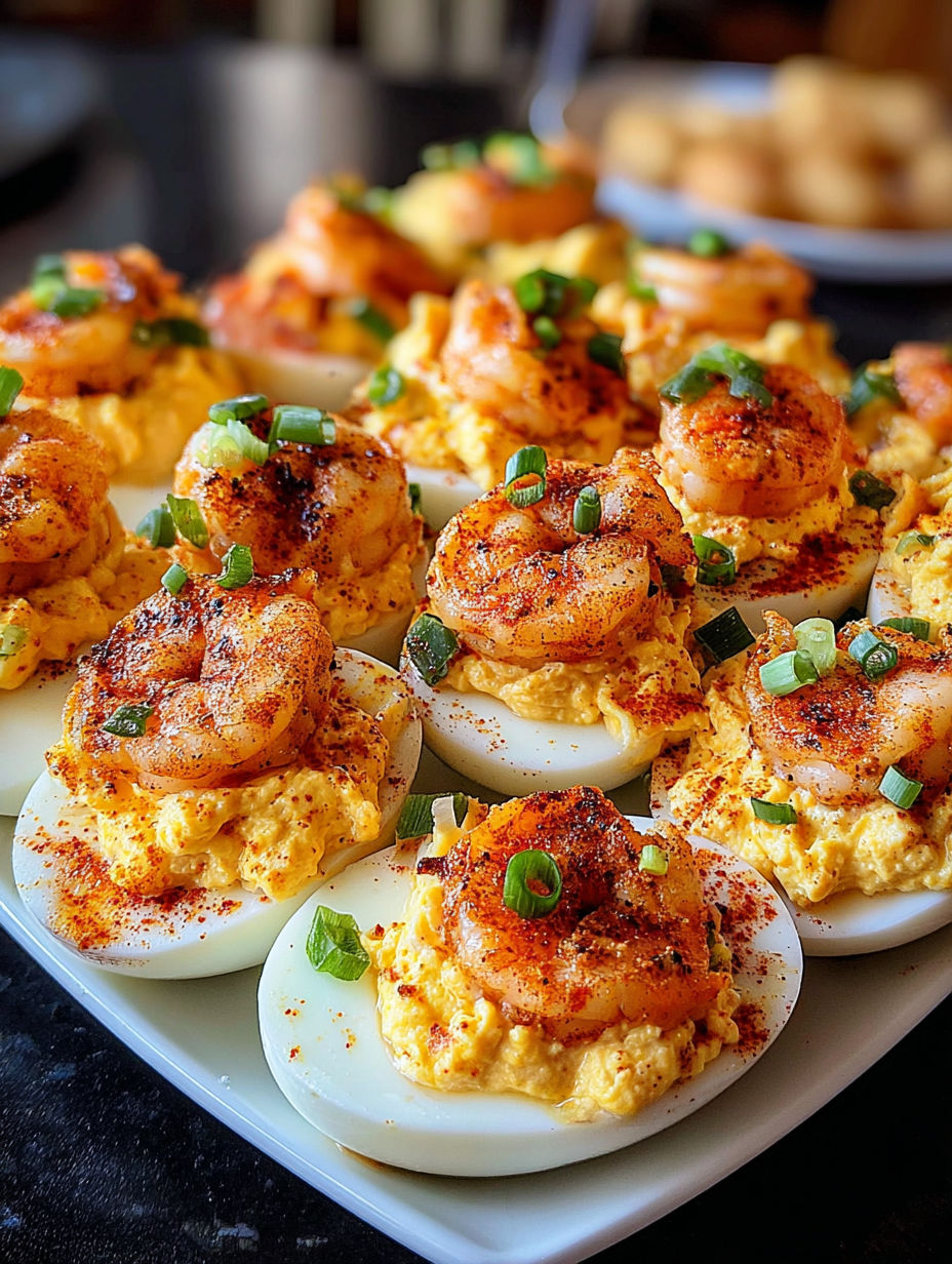 A plate of shrimp and egg dishes.