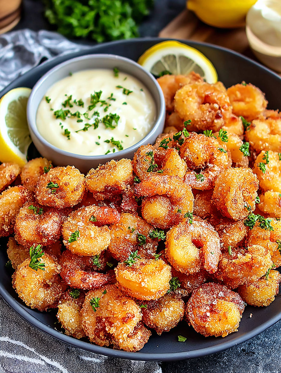 A bowl of crispy popcorn shrimp bites with a dipping sauce.