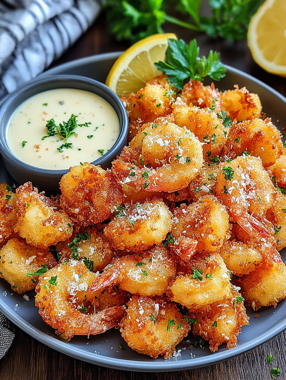 A plate of crispy popcorn shrimp bites with a bowl of dipping sauce.