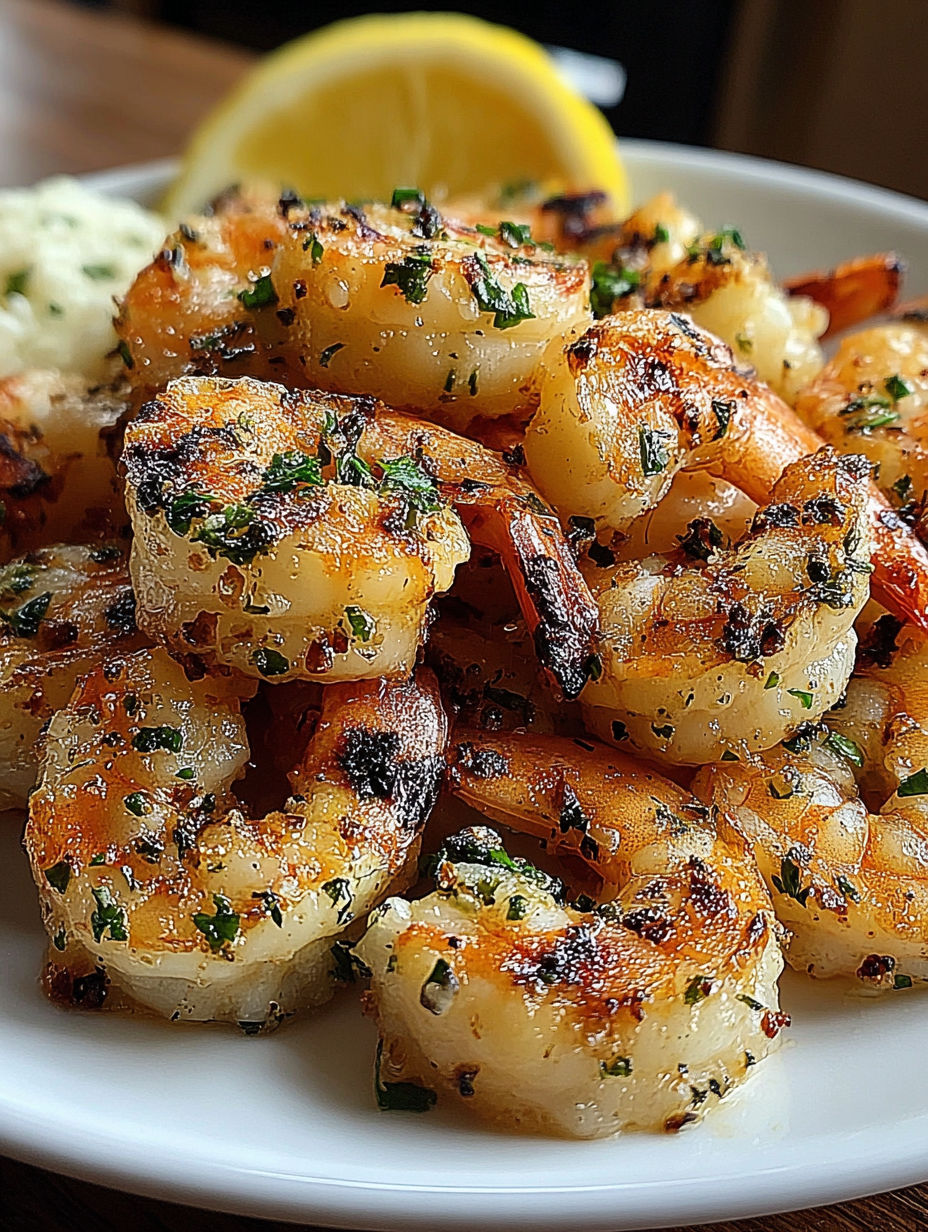 A plate of shrimp with lemon and herbs.