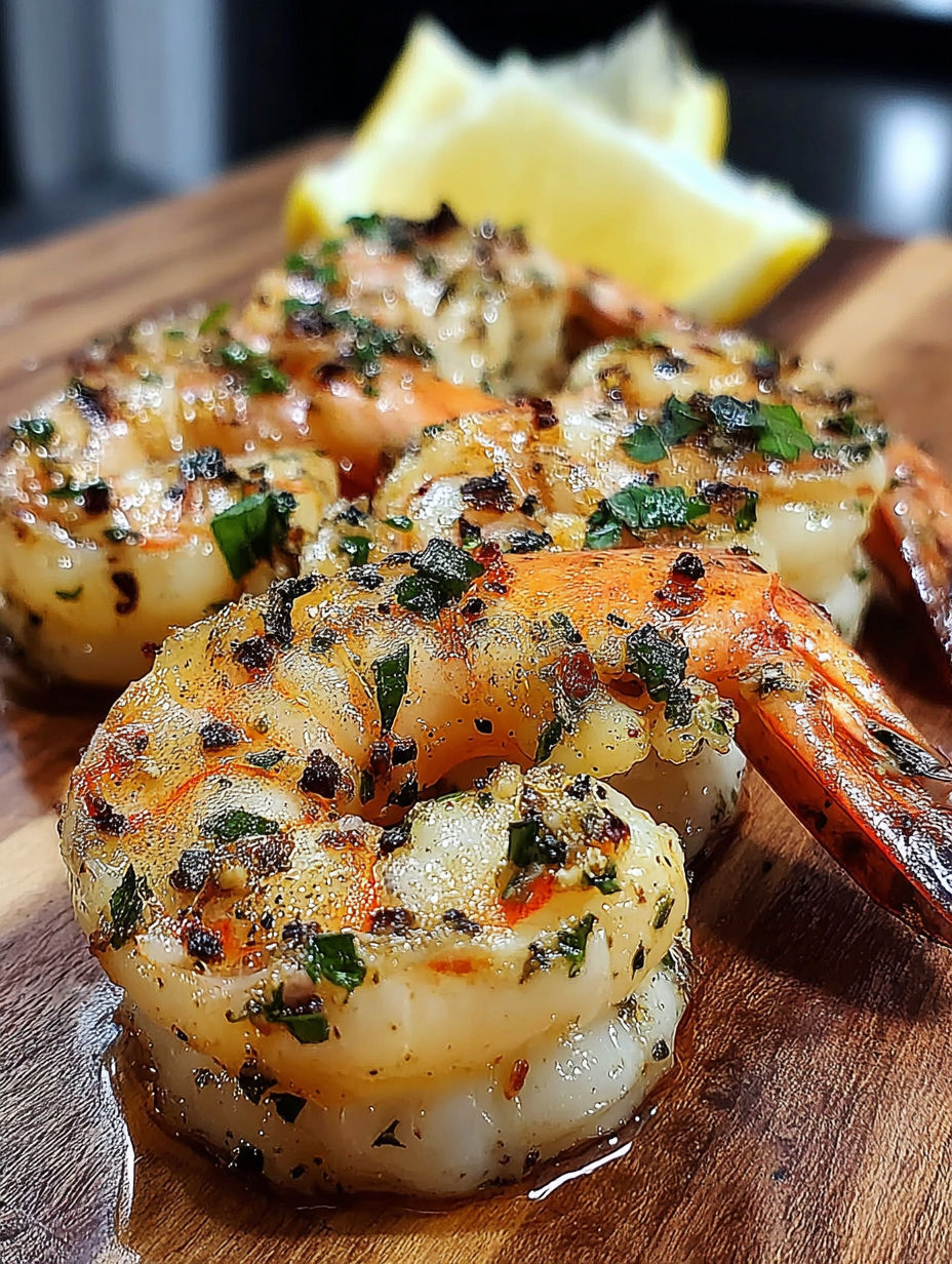 A plate of shrimp with a lemon wedge on top.