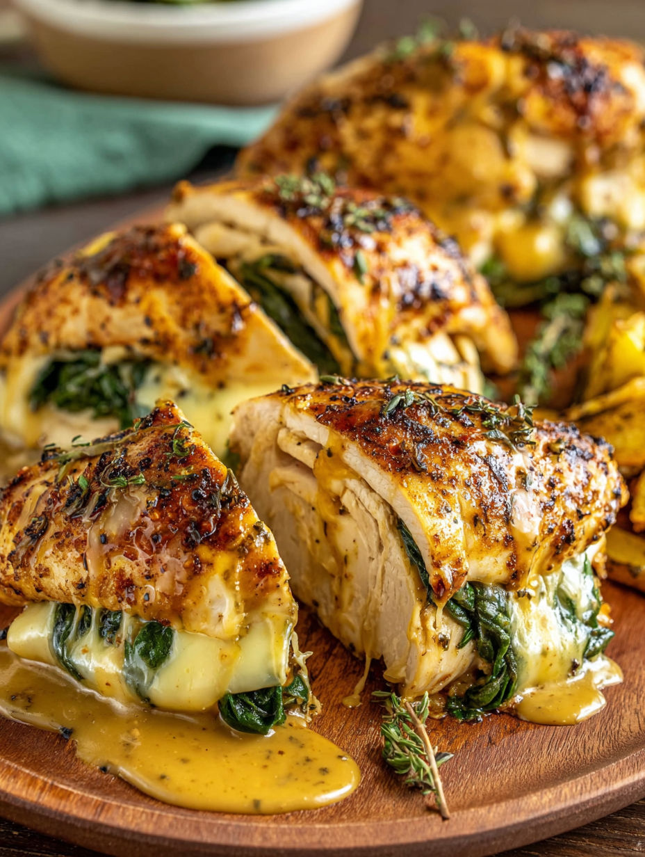A piece of chicken with cheese and spinach on top.