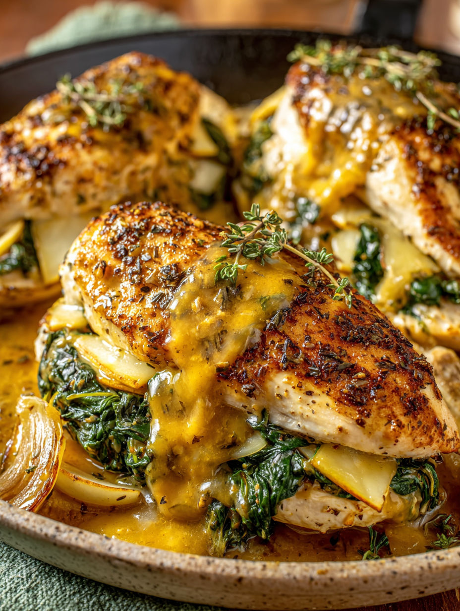 A close up of a piece of chicken with a sauce on top.