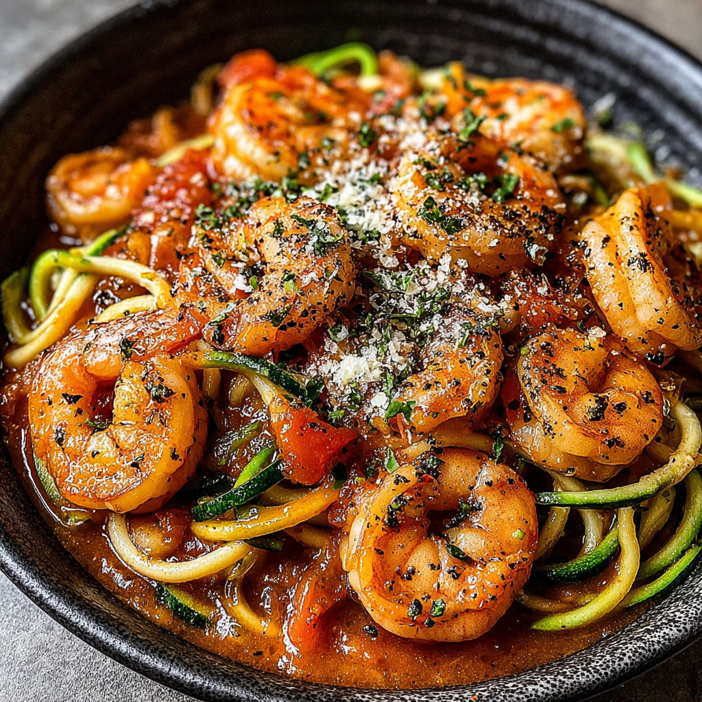 A bowl of shrimp scampi with zoodles.