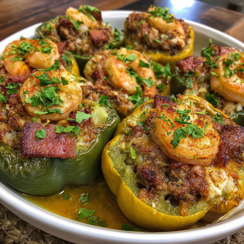 A plate of stuffed peppers with shrimp and bacon.