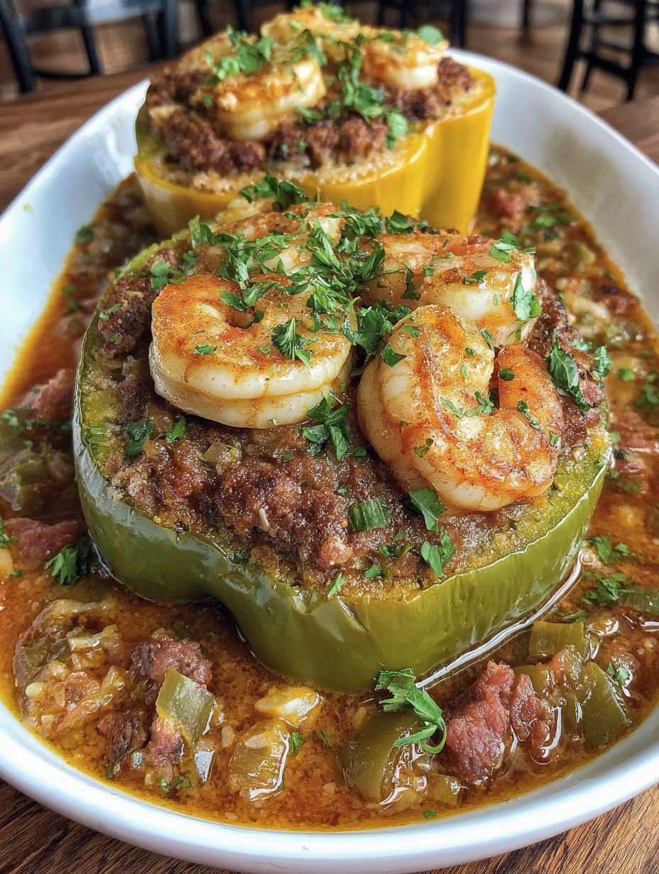 A plate of stuffed peppers with shrimp and sausage.