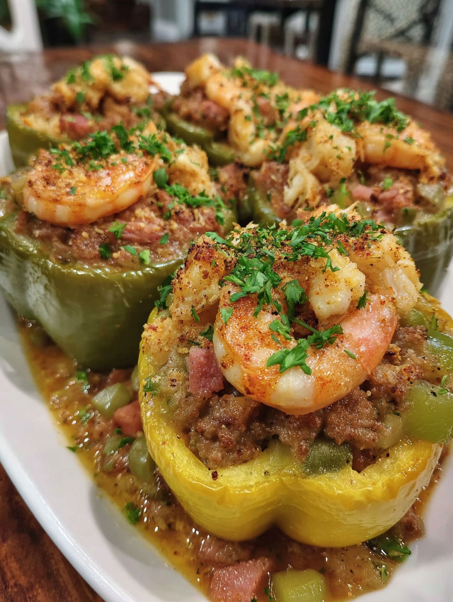 A plate of Cajun Surf & Turf Stuffed Peppers.