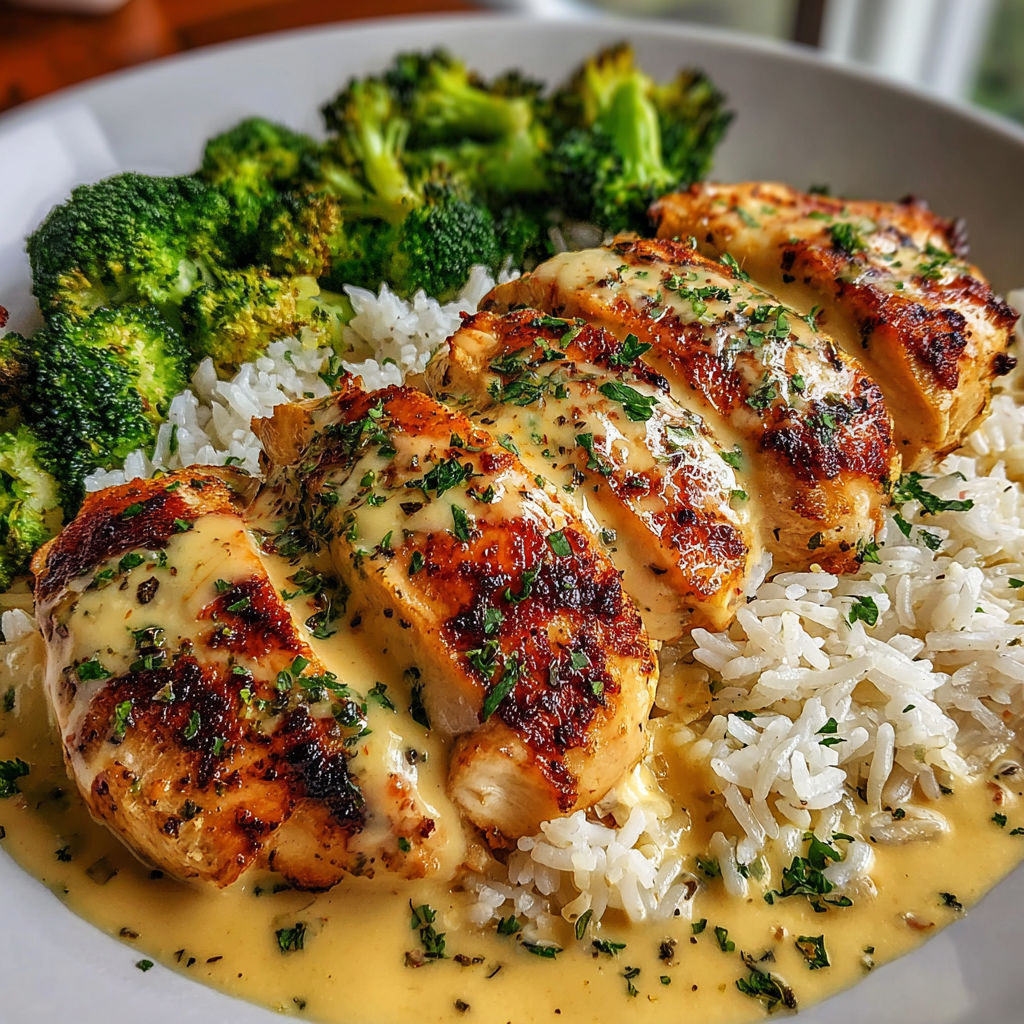 A plate of chicken with rice and broccoli.