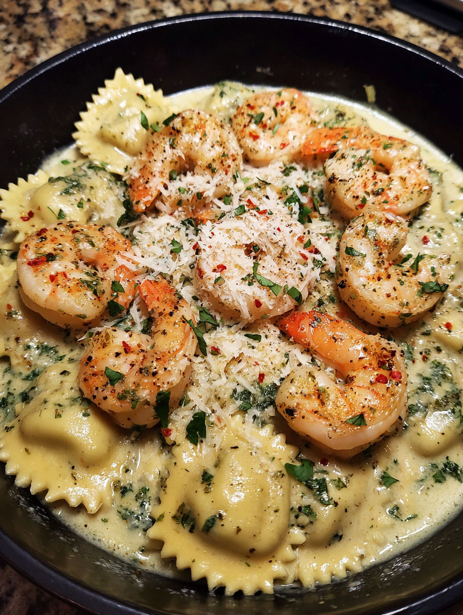 A bowl of creamy shrimp parmesan ravioli.