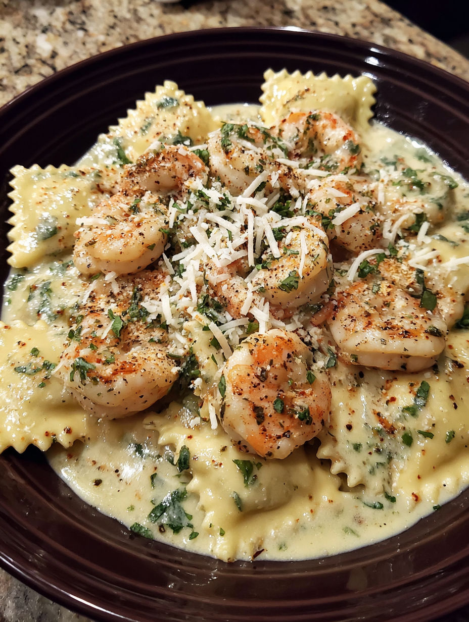 A bowl of creamy shrimp parmesan ravioli.