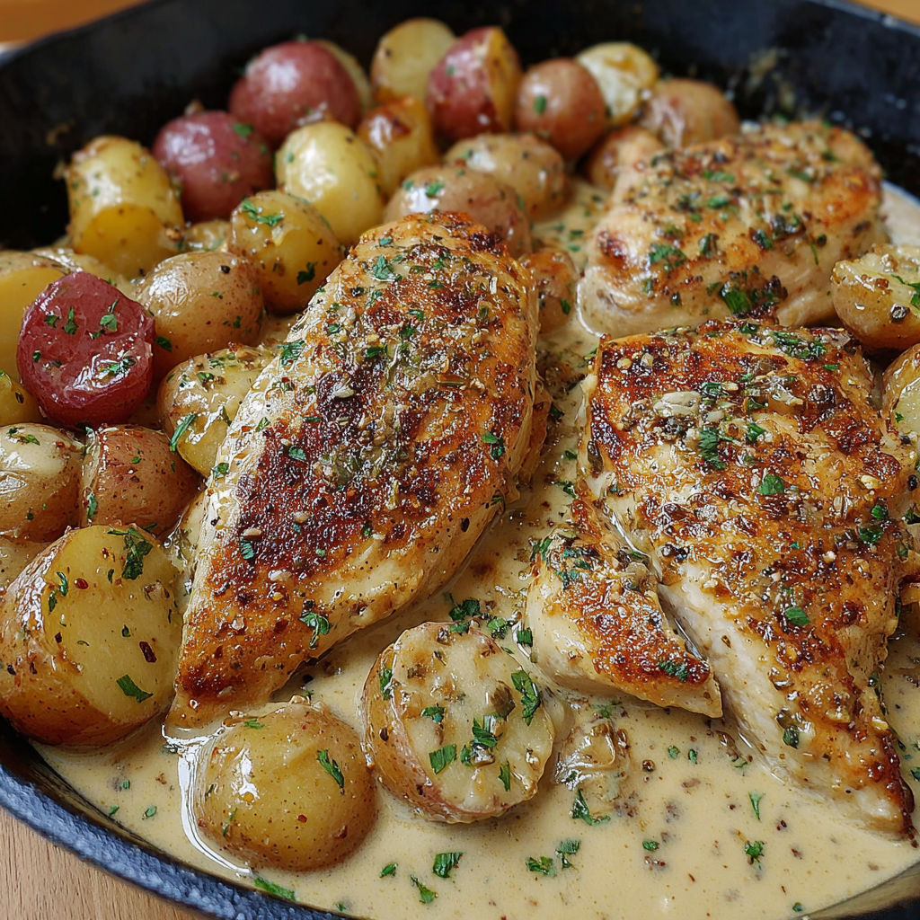 A plate of chicken and potatoes.