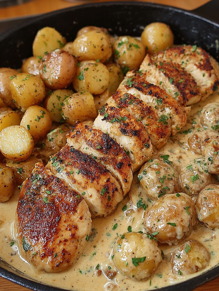 A delicious meal of chicken, potatoes, and herbs.