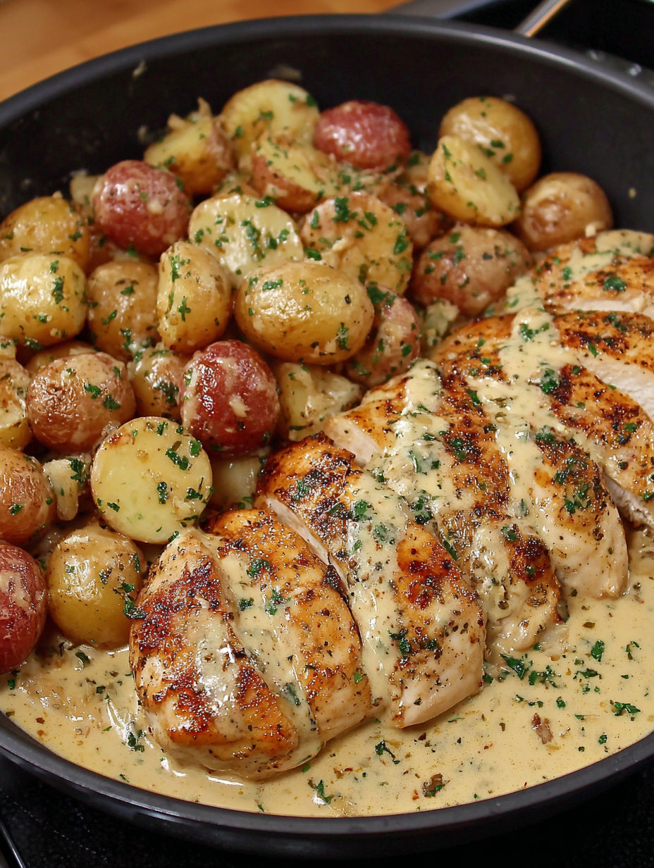 A dish of chicken and potatoes with a dijon sauce.