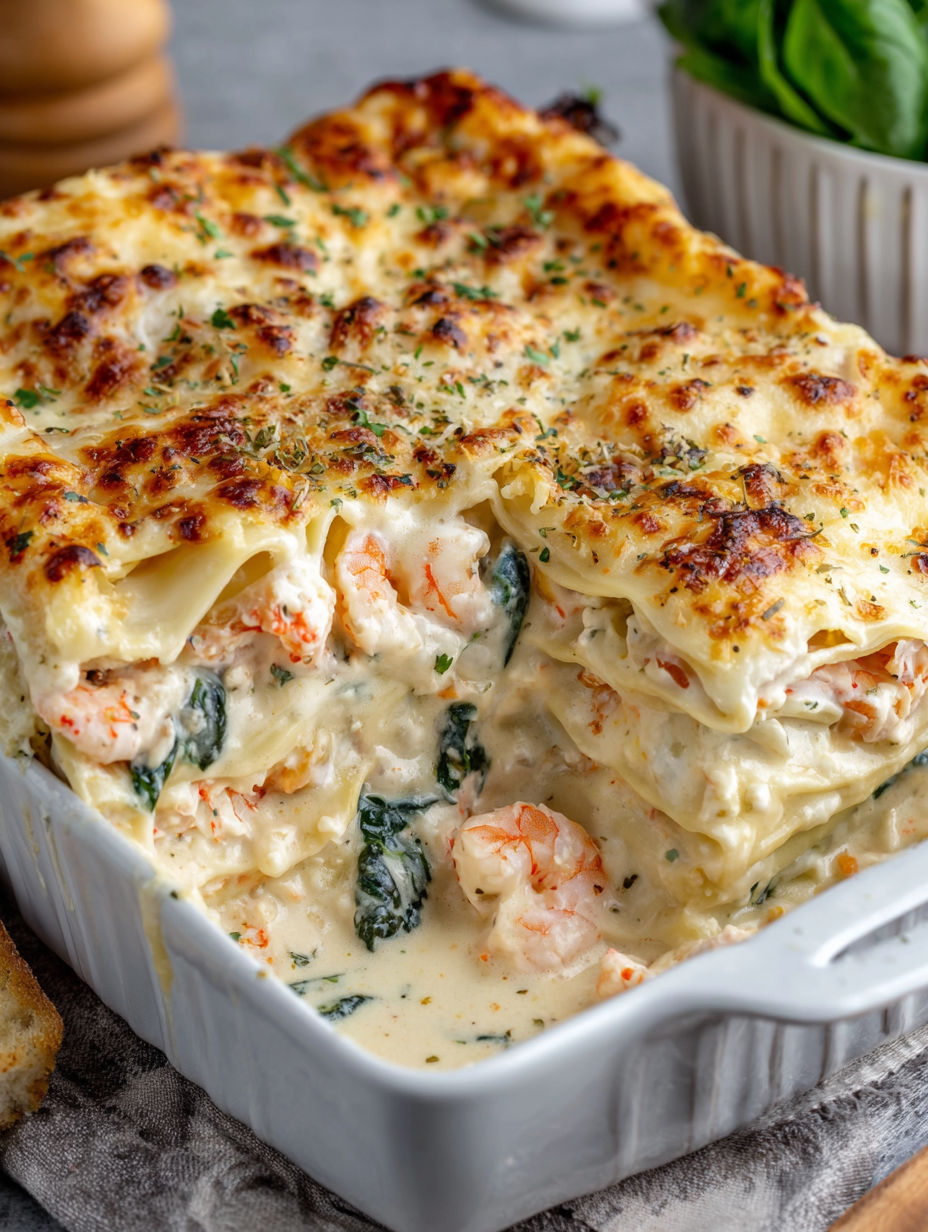A seafood lasagna fusion delight.