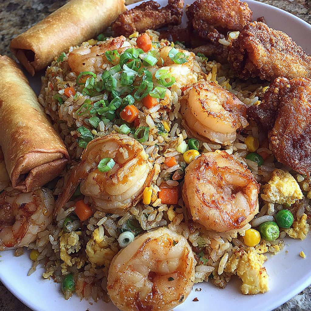 A plate of food with shrimp, rice, and vegetables.
