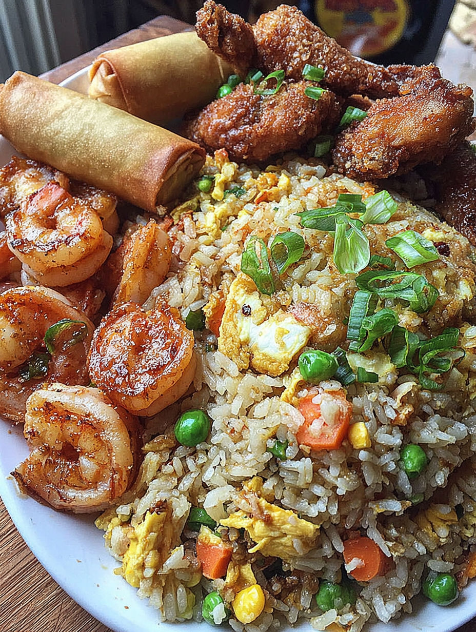 A plate of food with shrimp, rice, and vegetables.