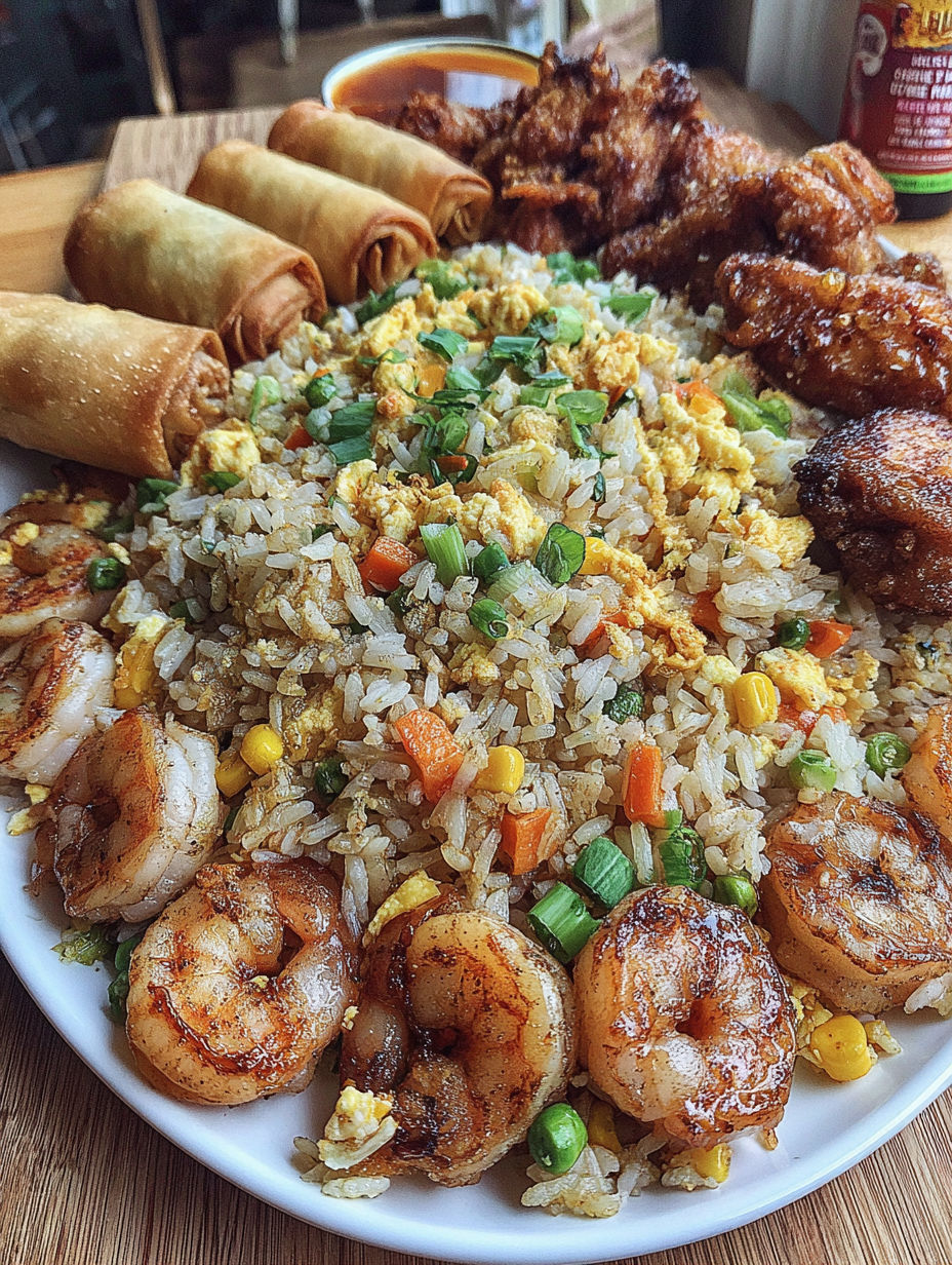 A plate of food with shrimp, rice, and vegetables.