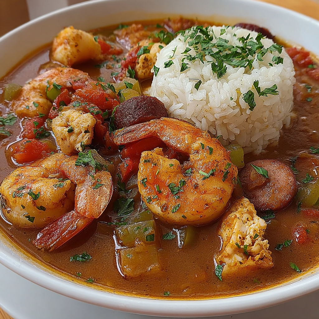 A bowl of shrimp and sausage gumbo.