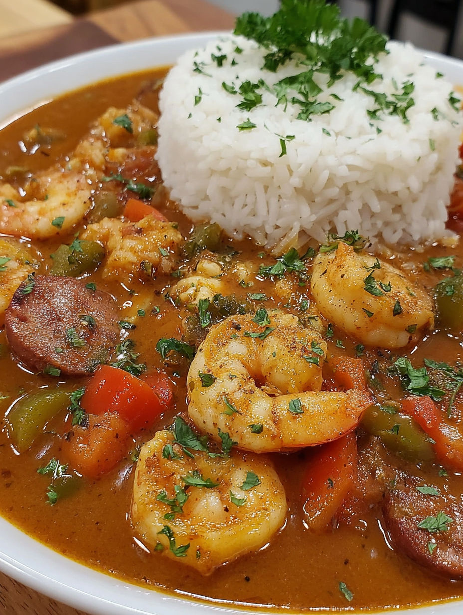 A bowl of shrimp and rice with a green garnish.