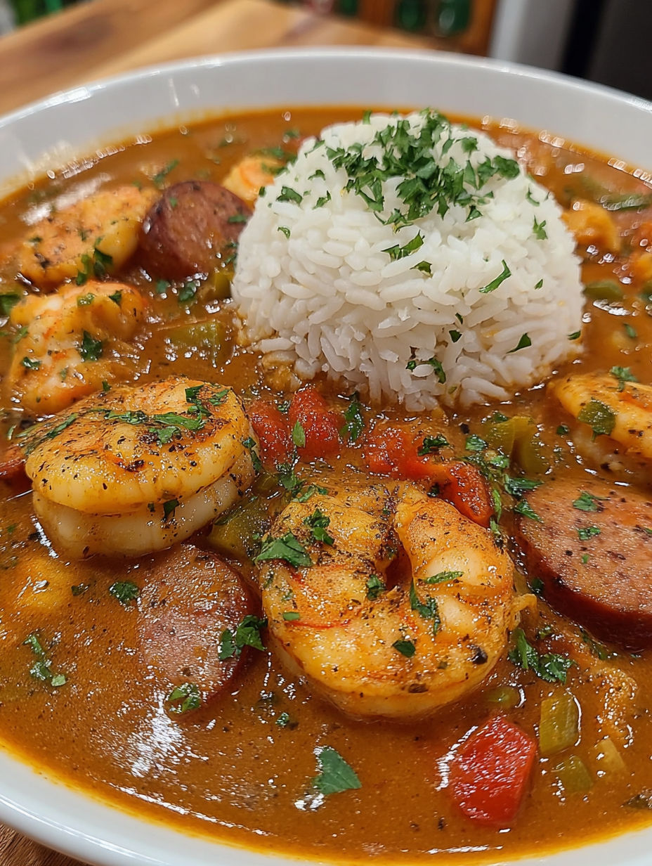 A bowl of soup with shrimp and rice.
