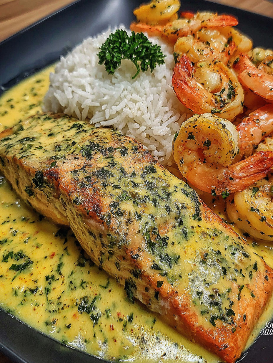 A plate of food with shrimp, rice, and fish.