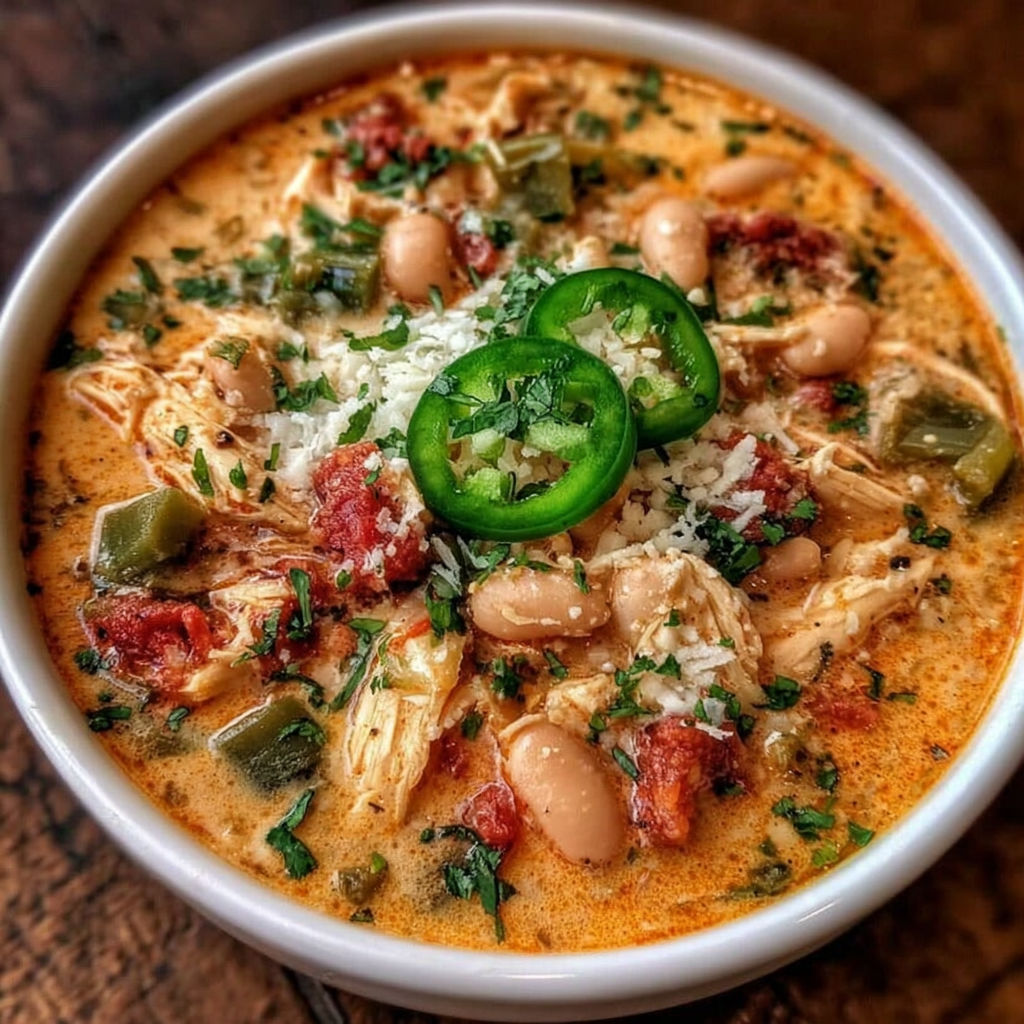 A bowl of soup with chicken, beans, and peppers.