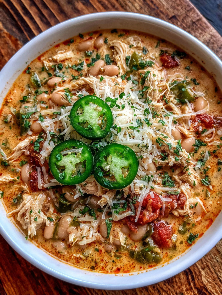 A bowl of soup with chicken and green peppers.