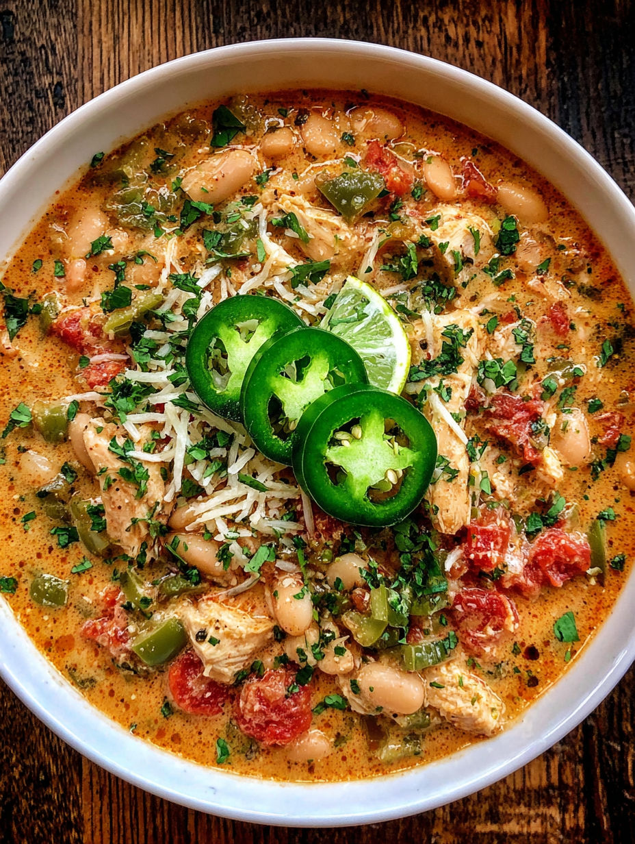 A bowl of soup with chicken, beans, and peppers.